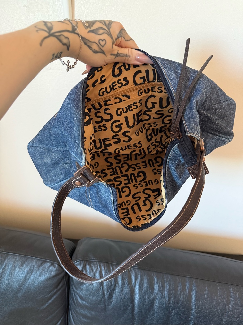 Guess Denim Shoulder Bag with Dark Brown Trim - Picture 9 of 11